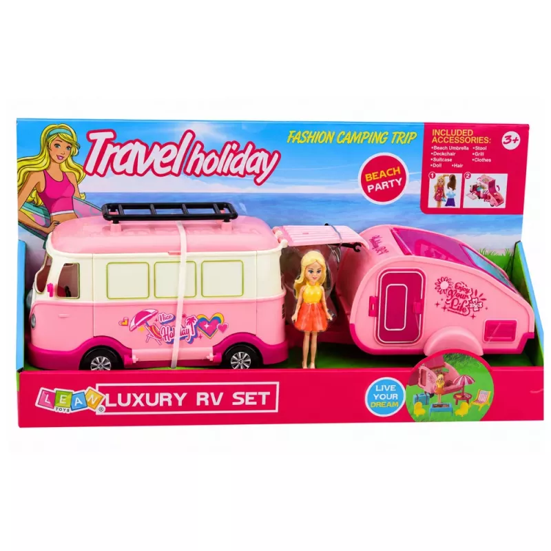 LEAN TOYS matkailusarja asuntoauto perävaunulla nukenkalusteet tarvikkeet pinkki