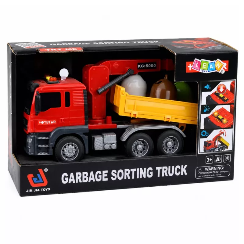 LEAN TOYS kuorma-auto nosturi jätteidenlajittelusäiliö valot ääni punainen