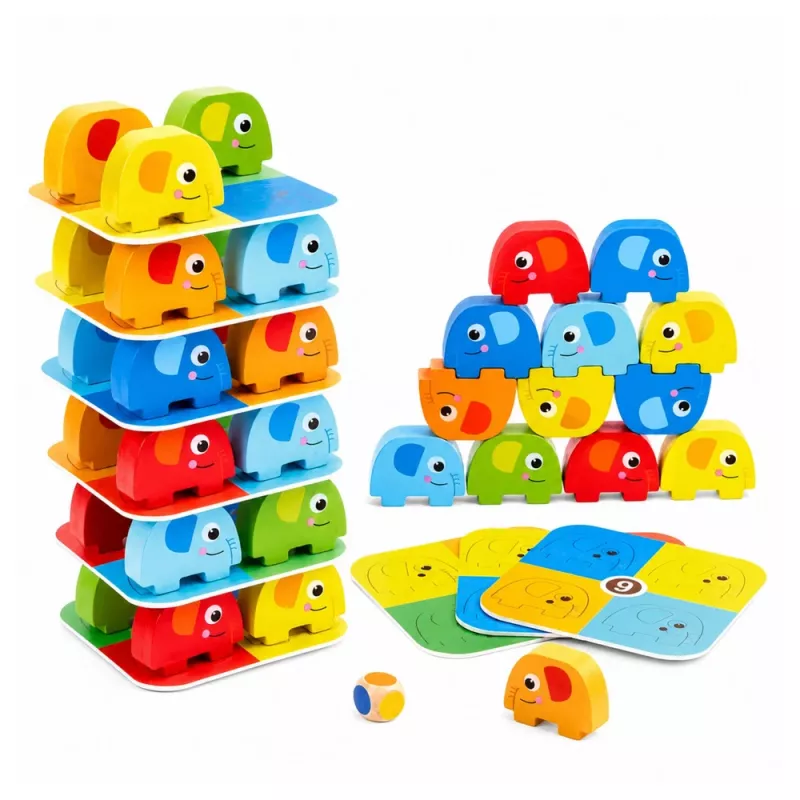 LEAN TOYS elefanttitorni taitopeli tasapainottelevat elefantit värillisillä korteilla 46 osaa