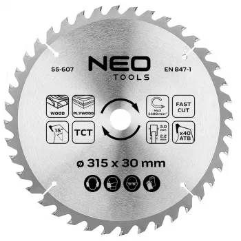 NEO TOOLS 315 mm TCT-sirkkelinterä, 40 hammasta, 30 mm reikä, puunleikkaus