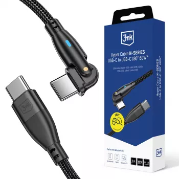 3MK Hyper Cable N-SERIES USB-C - USB-C 2m 20V/3A 60W musta - kääntyvä