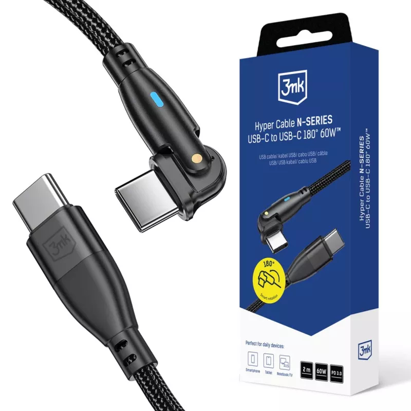 3MK Hyper Cable N-SERIES USB-C - USB-C 2m 20V/3A 60W musta - kääntyvä