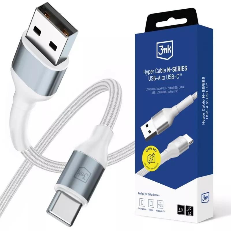 3mk Hyper Cable N-SERIES USB-A - USB-C 1 m 18W valkoinen
