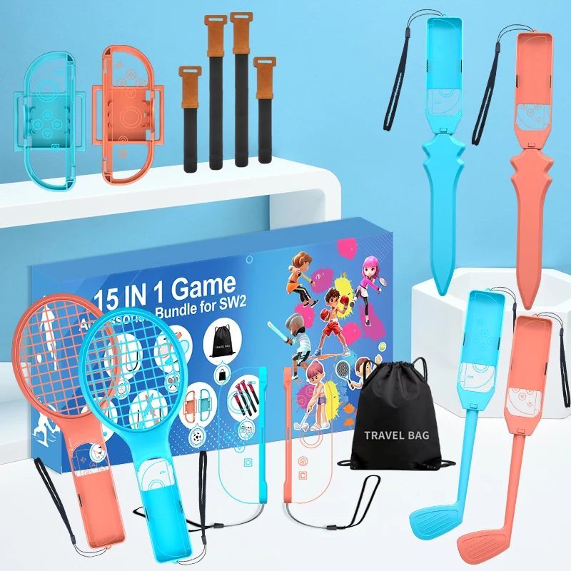 HURTEL Family Accessories Pack 15 in 1 Nintendo Switch 2 -konsolille - oranssi ja sininen setti