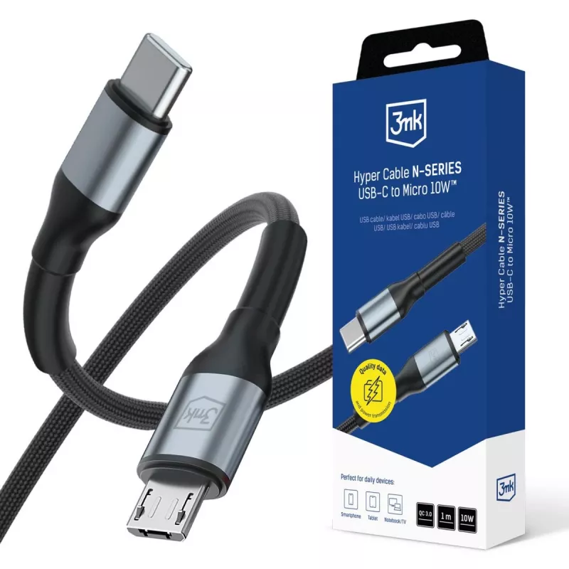 3MK Hyper Cable N-SERIES USB-C - Micro-USB 1 m QC 3.0 5V/2A 10W musta