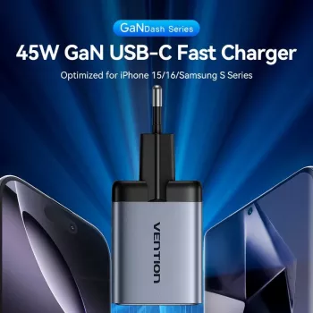 VENTION GaN 90W Dual-USB-C -seinälaturi (45W+45W) - musta