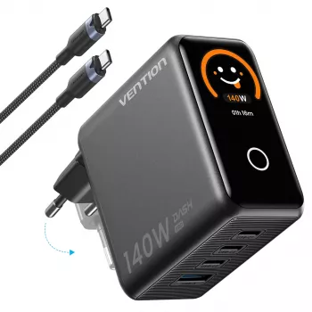 Vention 140W GaN-laturi 1x USB-A, 3x USB-C ja USB-C - USB-C -kaapeli 1 m