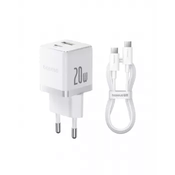 Baseus Palm 20W seinälaturi, 1x USB-A + 1x USB-C, QC3.0/PD3.0, 1 m USB-C-kaapelilla, valkoinen (P10111608213-01)
