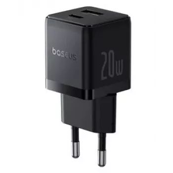 Baseus 20W USB-C & USB-A -seinälaturi PD 3.0 & QC 3.0, EU-pistoke, musta