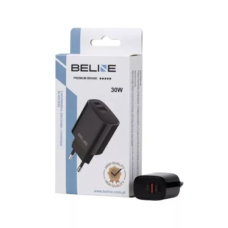 Beline GaN 30W USB-C PD + USB-A QC seinälaturi musta (vain virtalähde)