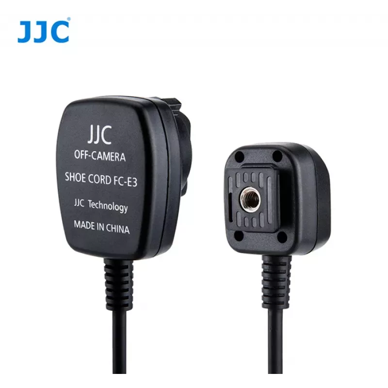 JJC FC-E3 off-camera TTL-salaman synkronointikaapeli Canon EOS:lle, 1,3 m spiraalikaapeli, E-TTL II läpivienti