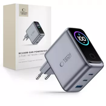 TECH-PROTECT PowerVision NC100W GaN 100 W 3-porttinen USB-C PD & USB-A QC3.0 verkkolaturi - tummanharmaa