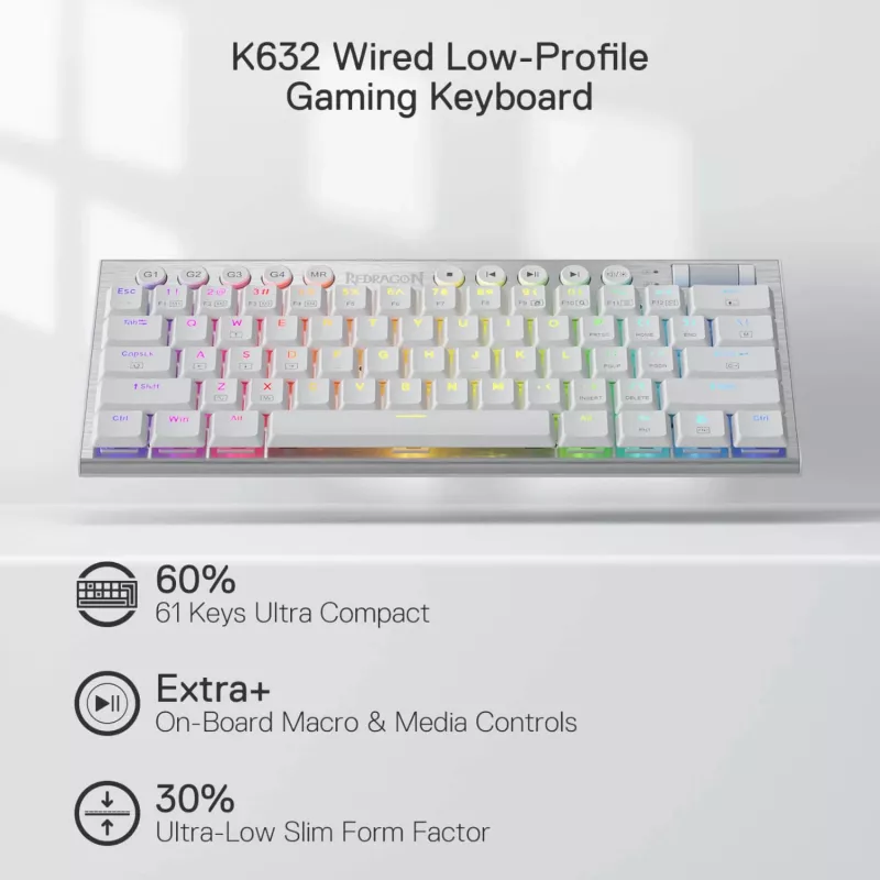Redragon K632 HORUS Mini 60% RGB langallinen pelinäppäimistö - valkoinen