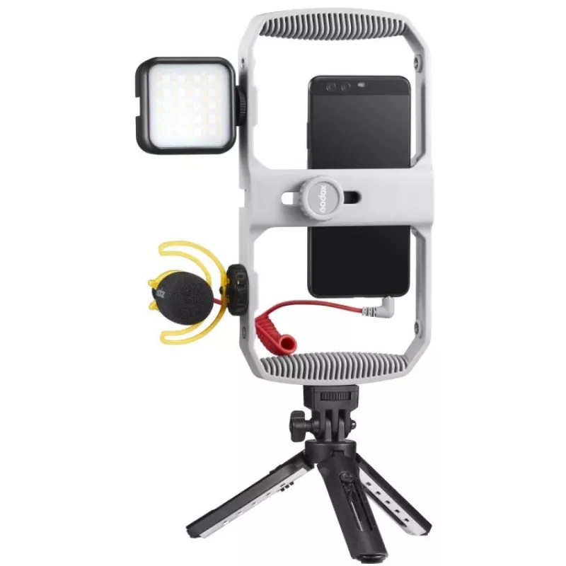 Godox VK1-UC vloggaussarja USB-C-mikrofonilla, LED-valolla ja jalustalla älypuhelimille