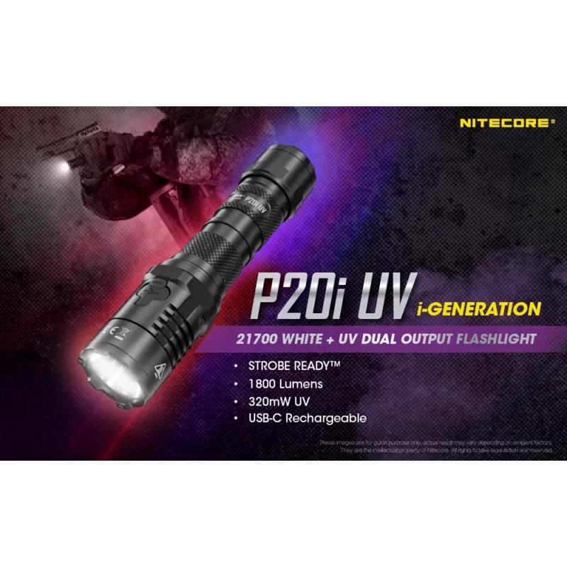 Nitecore NT-P20I-UV taktinen taskulamppu UV-valolla, 1800 lumenia, USB-C ladattava, IP68, musta