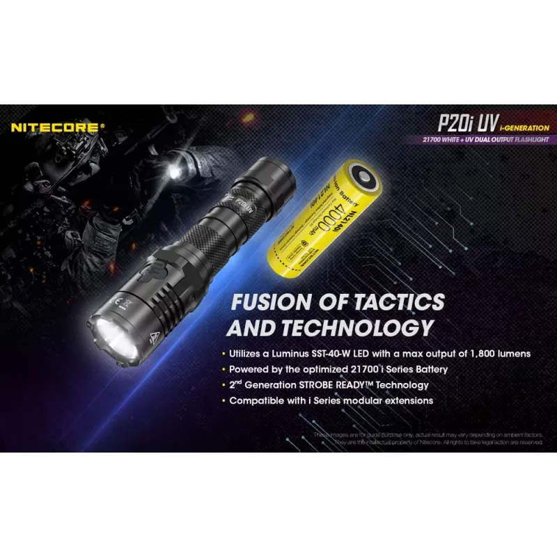 Nitecore NT-P20I-UV taktinen taskulamppu UV-valolla, 1800 lumenia, USB-C ladattava, IP68, musta