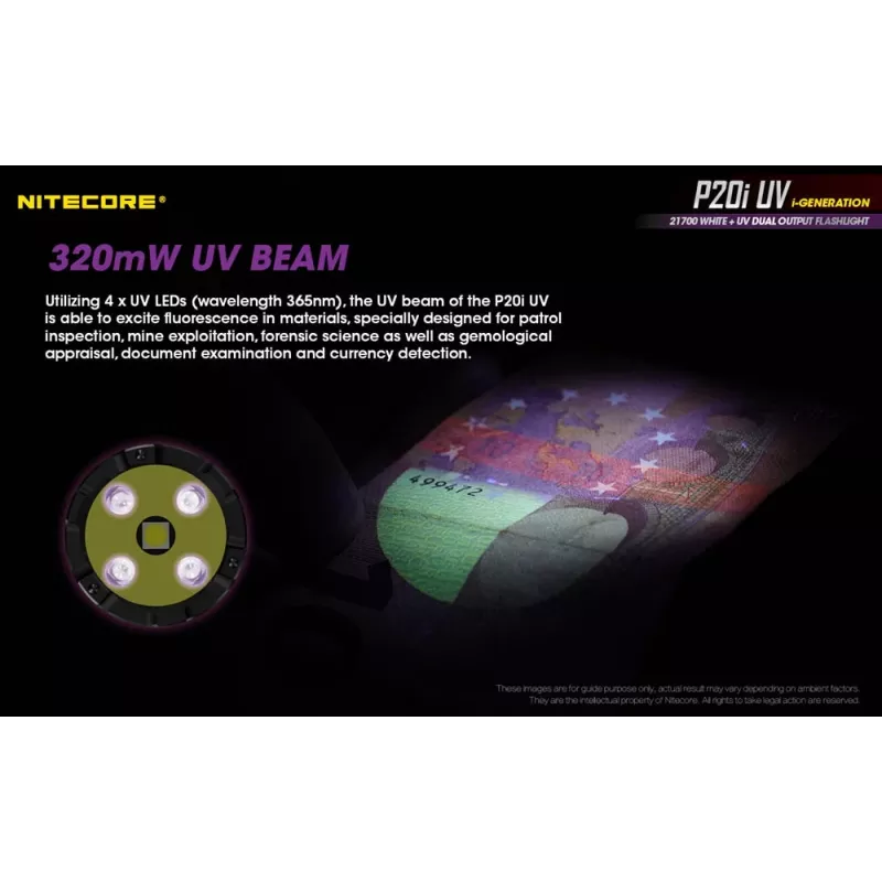 Nitecore NT-P20I-UV taktinen taskulamppu UV-valolla, 1800 lumenia, USB-C ladattava, IP68, musta