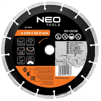 NEO TOOLS 230 mm laserhitsattu segmenttimallinen timanttilaikka betonille ja kivelle, 22,2 mm reikä