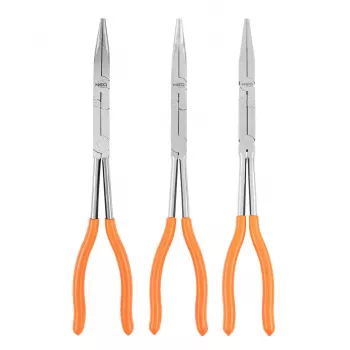 NEO TOOLS 01-293 kaksoisnivelpihtisarja, 3 osaa, kromi-vanadiiniteräs, 280 mm, suora, 45° ja 90° taivutettu kärki, ergonomiset luistamattomat kahvat