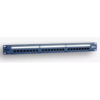 EmiterNet 19 tuuman 1U 24-porttinen RJ45 UTP Cat.5e patch-paneeli kaapelinhallintahyllyllä, sininen (PoE-yhteensopiva)