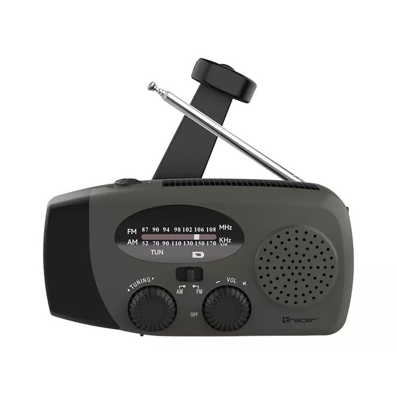 TRACER EXPLORER PRO retkiradio aurinkopaneelilla, käsikammella, NOAA-sääkaistalla, AM/FM, LED-taskulampulla ja USB-virtapankilla