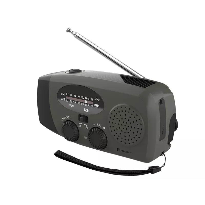 TRACER EXPLORER PRO retkiradio aurinkopaneelilla, käsikammella, NOAA-sääkaistalla, AM/FM, LED-taskulampulla ja USB-virtapankilla