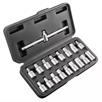 NEO TOOLS öljynpoistotulppien avainsarja 3/8 tuuman vääntiö, 18-osainen, kromi-vanadiini, neliö/kuusio/Torx/ura-istukat, muovilaukku