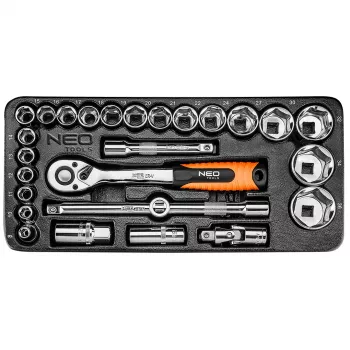 NEO TOOLS 84-238 1/2 tuuman hylsyavainsarja 27-osainen räikällä, jatkovarsilla, kardaaninivelellä, liukukahvalla ja laukulla | CrV-teräs | 10-32 mm