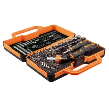 NEO TOOLS 69-osainen ruuvauskärkisarja räikkäkahvalla, S2-teräskärjet, 1/4