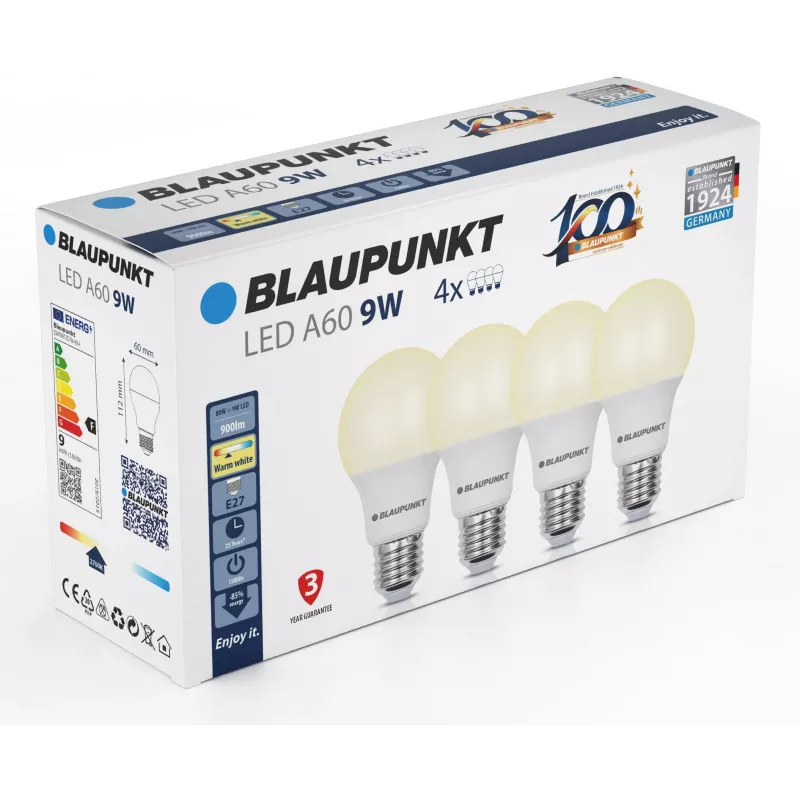 Blaupunkt LED-lamppu E27 A60 9W, 900 lm, 2700 K, 4 kpl (BLAUPUNKT-E27-9W-WW-4)