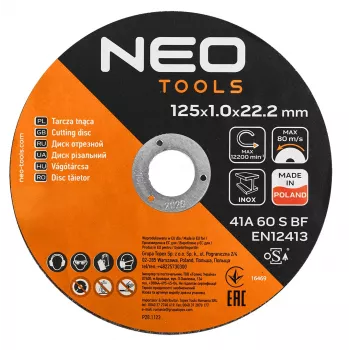NEO TOOLS katkaisulaikat 41A 60 S BF - 125x1,0x22,23 mm TERÄS/INOX, 100 kpl ämpärissä