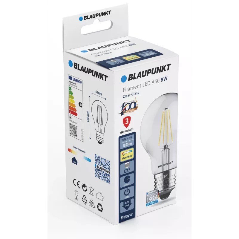 Blaupunkt LED-filamenttilamppu E27 A60 8W, 1055 lm, 2700 K (BLAUPUNKT-F-E27-8-WW)