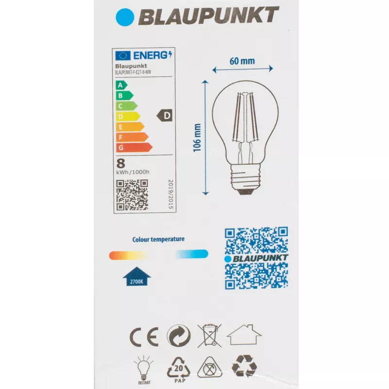 Blaupunkt LED-filamenttilamppu E27 A60 8W, 1055 lm, 2700 K (BLAUPUNKT-F-E27-8-WW)