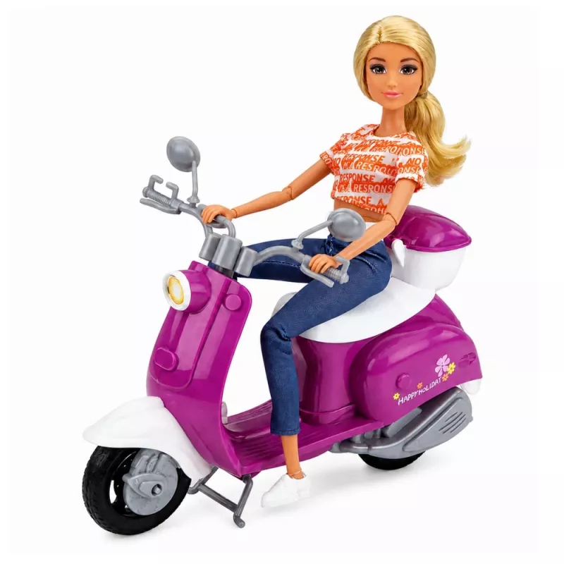 LEAN TOYS Anlily matkanukke potkulaudalla silmälaseilla, puhelintelineellä ja tarvikkeilla