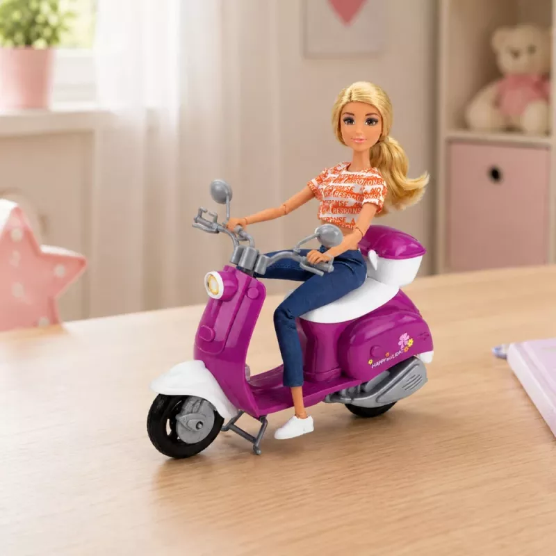 LEAN TOYS Anlily matkanukke potkulaudalla silmälaseilla, puhelintelineellä ja tarvikkeilla