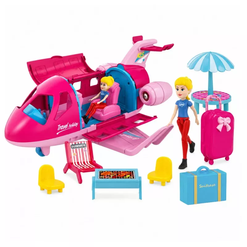 LEAN TOYS taitettava lentokone nukeille matkasetti tarvikkeet nukke pinkki 9 osaa