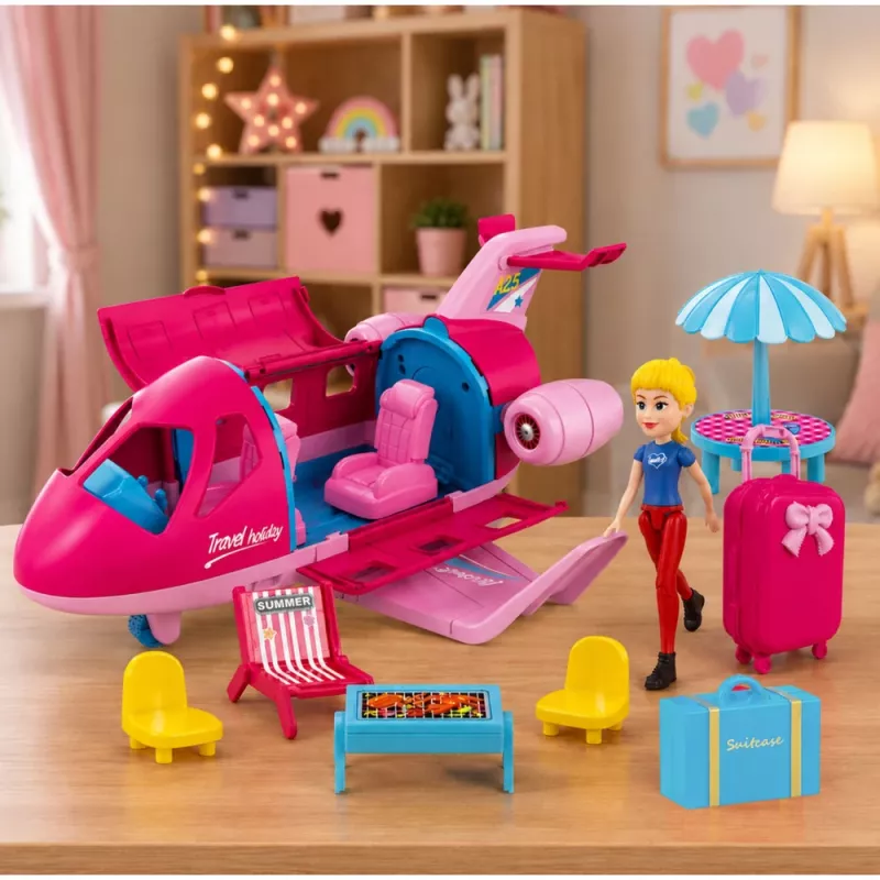LEAN TOYS taitettava lentokone nukeille matkasetti tarvikkeet nukke pinkki 9 osaa