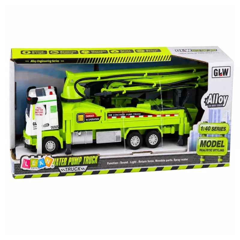 LEAN TOYS betonipumppuauto valoilla, äänillä, vedellä, veto 1:40