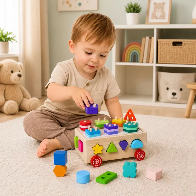 LEAN TOYS puinen Montessori-oppimislelu lajittelija pyörillä muodot ja numerot