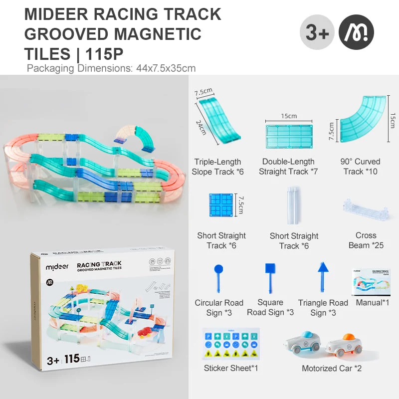 Mideer MD6395 magneettinen kilparata 2 autolla, 115 osaa, 3+ vuotta