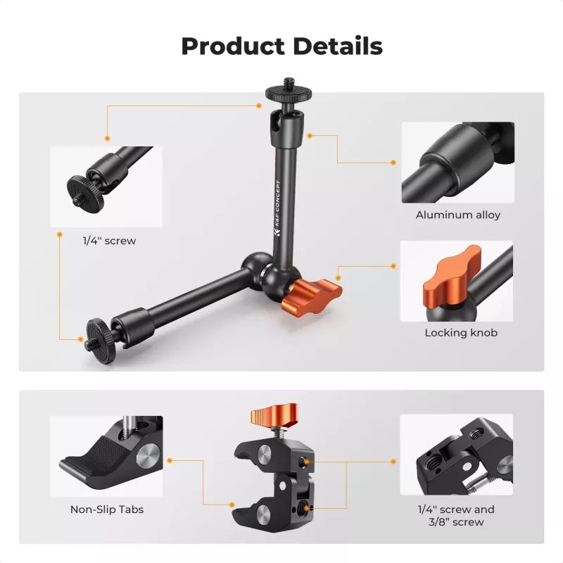 KF Magic Arm + Super Clamp asennussarja 1/4 tuuman & 3/8 tuuman kierteellä, 15-55 mm leuka, musta