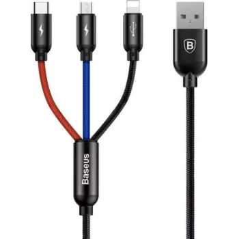 Baseus Primary Colors 3-in-1 USB 2.0 Type-A - Micro, USB-C & Lightning -kaapeli 30 cm musta/punainen/sininen