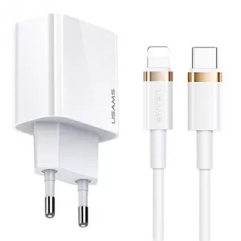USAMS T34 20W USB-C PD seinälaturi ja U63 USB-C - Lightning -kaapelisarja – valkoinen