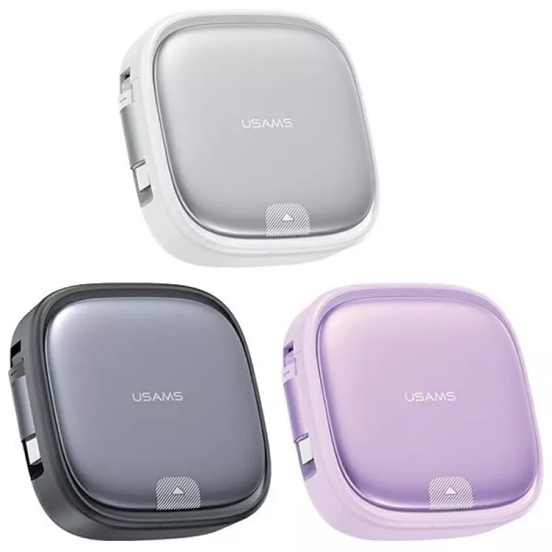 USAMS sisäänvedettävä 3-in-1-latauskaapeli säilytyslaatikolla – USB-A - USB-C/Lightning/Micro USB, 60W, hopea