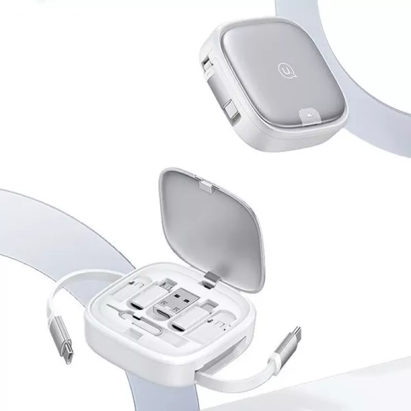 USAMS sisäänvedettävä 3-in-1-latauskaapeli säilytyslaatikolla – USB-A - USB-C/Lightning/Micro USB, 60W, hopea