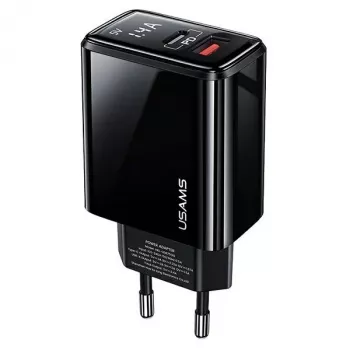 USAMS 20W kaksiporttinen USB-C PD3.0 + USB-A QC3.0 -seinälaturi (EU-pistoke, musta)