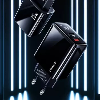 USAMS 20W kaksiporttinen USB-C PD3.0 + USB-A QC3.0 -seinälaturi (EU-pistoke, musta)