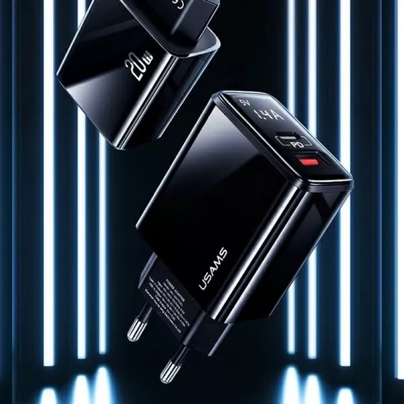 USAMS 20W kaksiporttinen USB-C PD3.0 + USB-A QC3.0 -seinälaturi (EU-pistoke, musta)