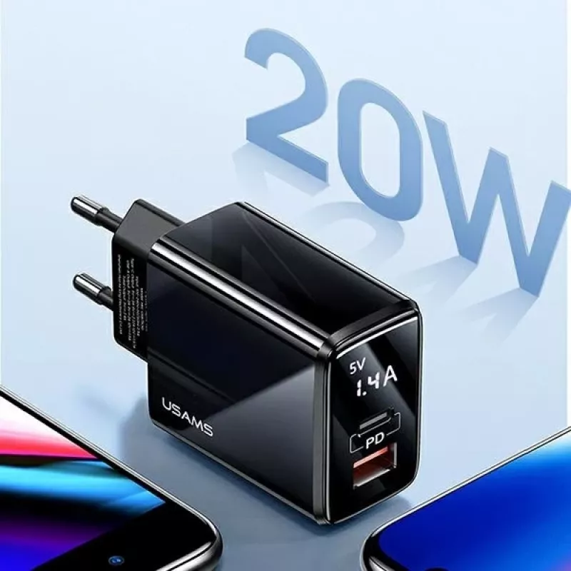 USAMS 20W kaksiporttinen USB-C PD3.0 + USB-A QC3.0 -seinälaturi (EU-pistoke, musta)