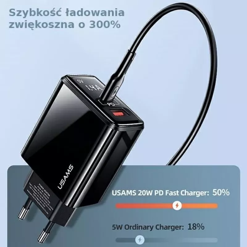 USAMS 20W kaksiporttinen USB-C PD3.0 + USB-A QC3.0 -seinälaturi (EU-pistoke, musta)